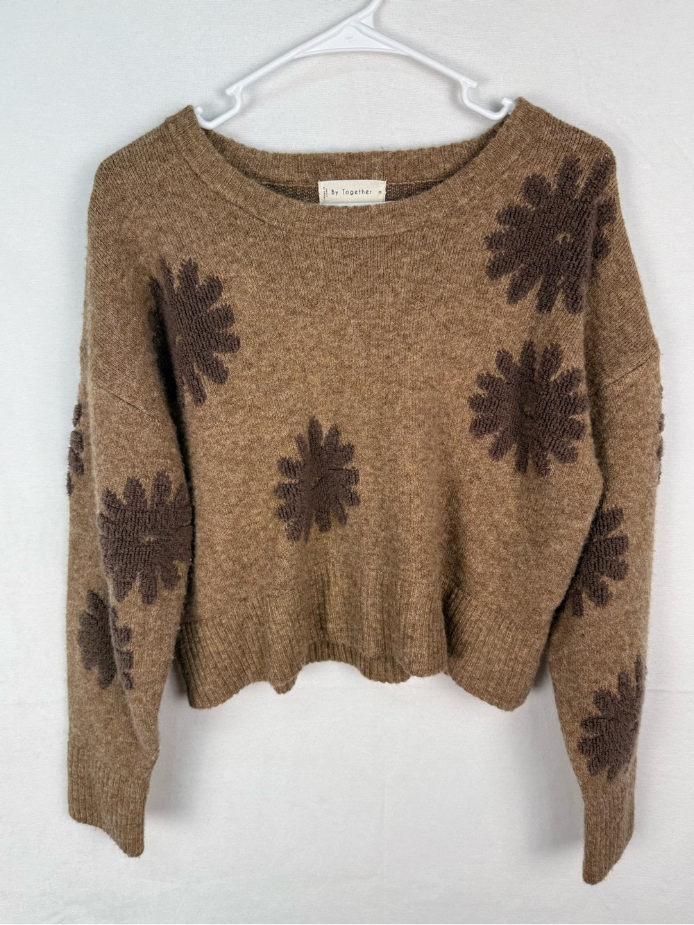 By Together Brown Crewneck Sweater with Dark Floral Motifs